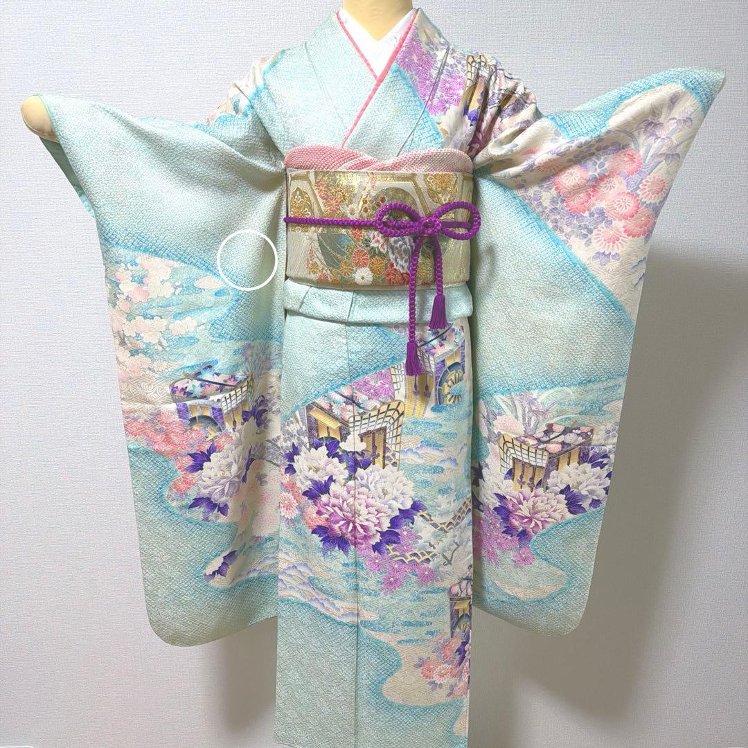 4 振袖フルセット 正絹 難あり 水色 紫 ピンク 銀彩 絞り 小柄さん レトロ