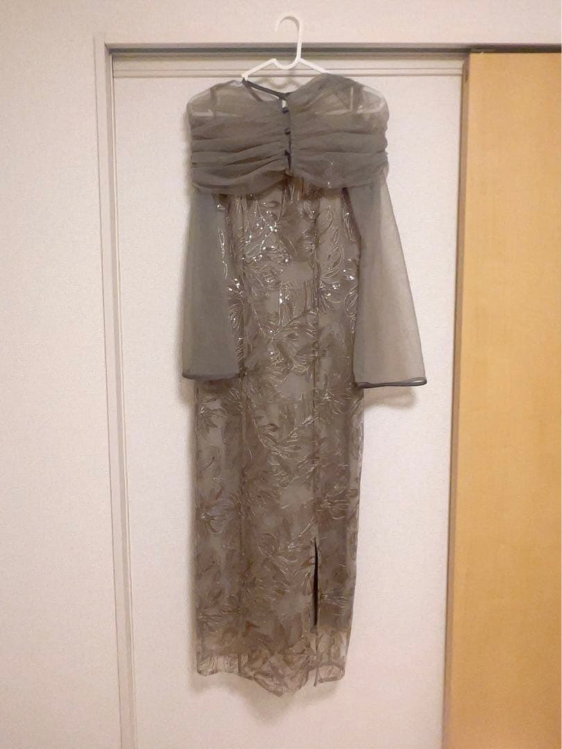 【LEJA】チュールオフショルダー花柄Iラインドレスワンピース 2点セット