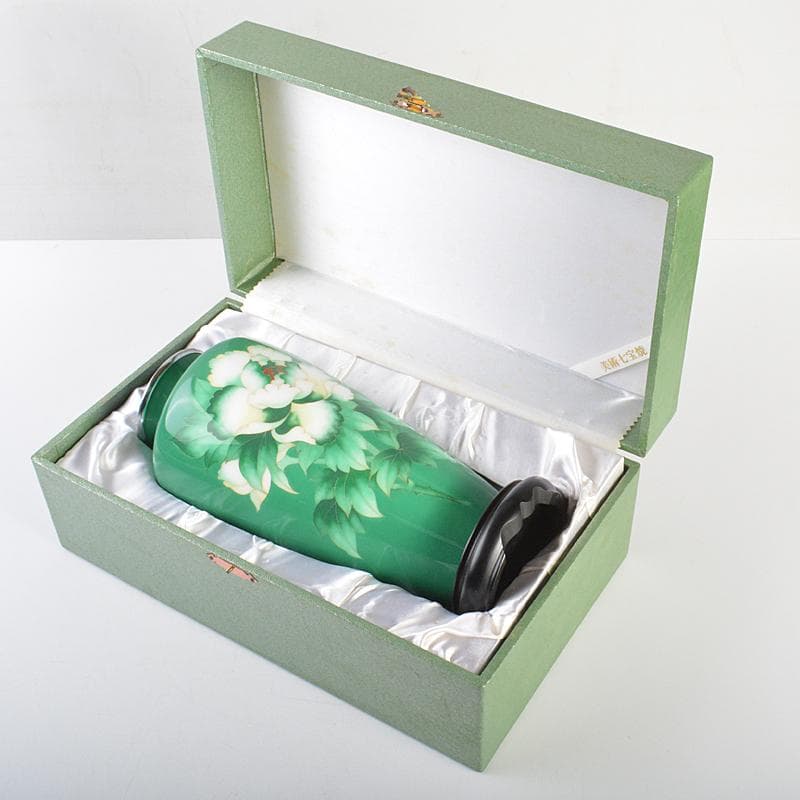 七宝焼　林七宝店 　牡丹文瓶　唐木台・箱付　M　R7378B