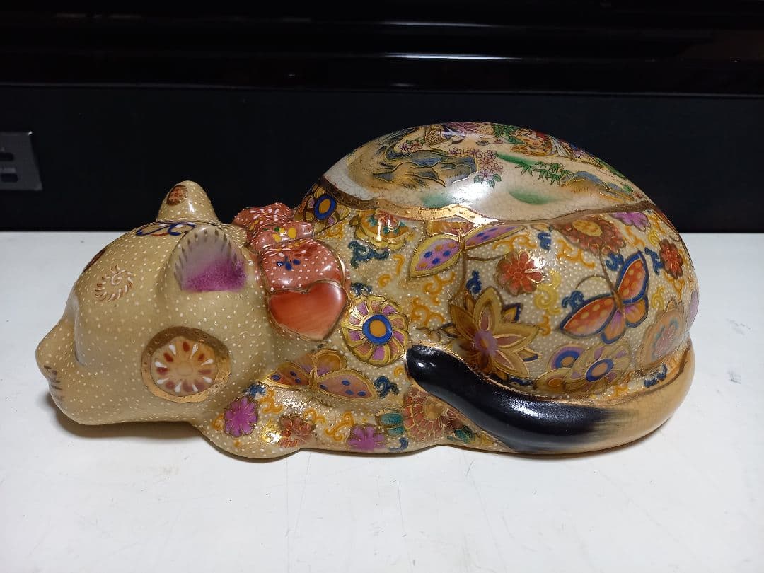 薩摩焼　眠り猫　浮世絵　美人画　古美色　大き目　サイズ　美品