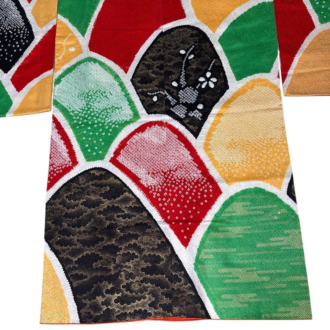 (う19) 個性派‼️彩りの芸術✨総絞り 青海波文様 アンティーク振袖㊗️③点セット