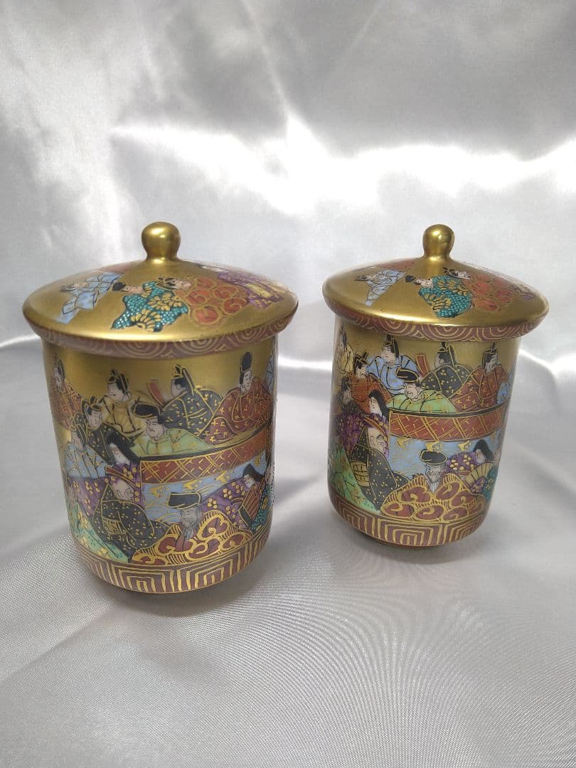 九谷焼 住田岳陽 本金色絵 三十六歌仙絵 夫婦湯呑 蓋付き 小田清山 細字