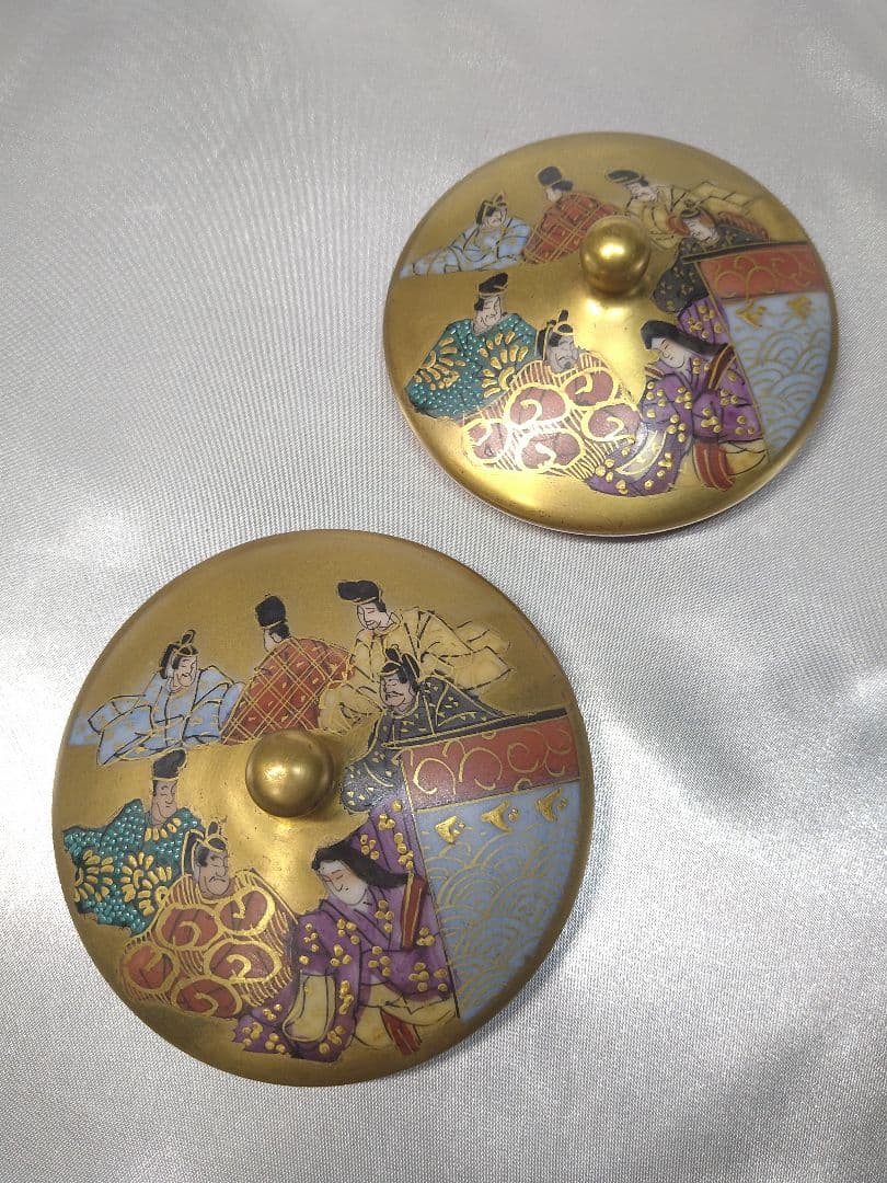 九谷焼 住田岳陽 本金色絵 三十六歌仙絵 夫婦湯呑 蓋付き 小田清山 細字