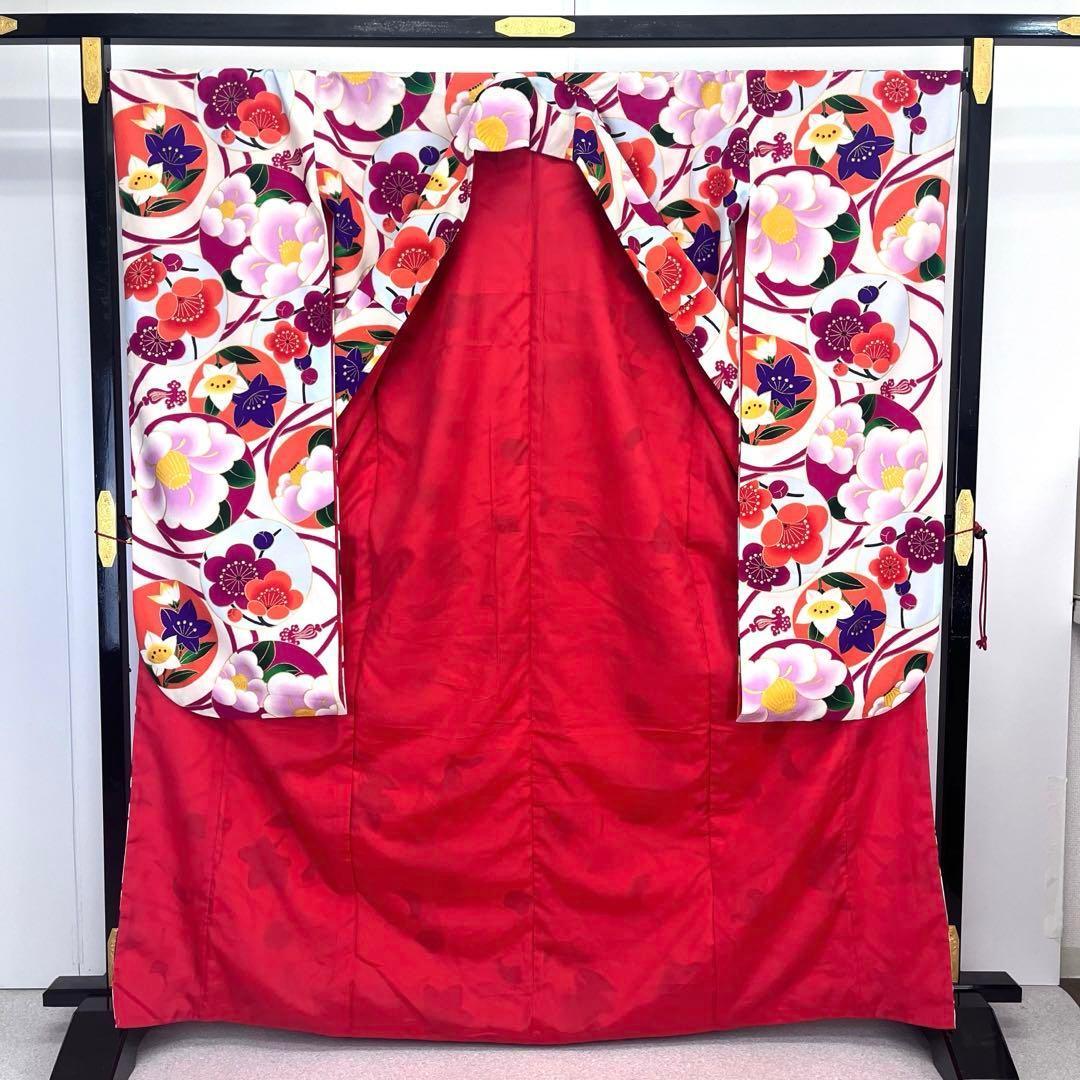 ☆ 振袖 色鮮やかな花模様 牡丹 桔梗 金彩 鳥の子色 K-4159