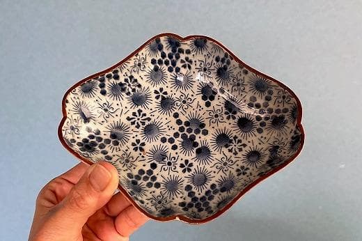 品番　t-0394 古伊万里　菱形皿A　染付　紙刷り印判　印判　渦福　角福　時代