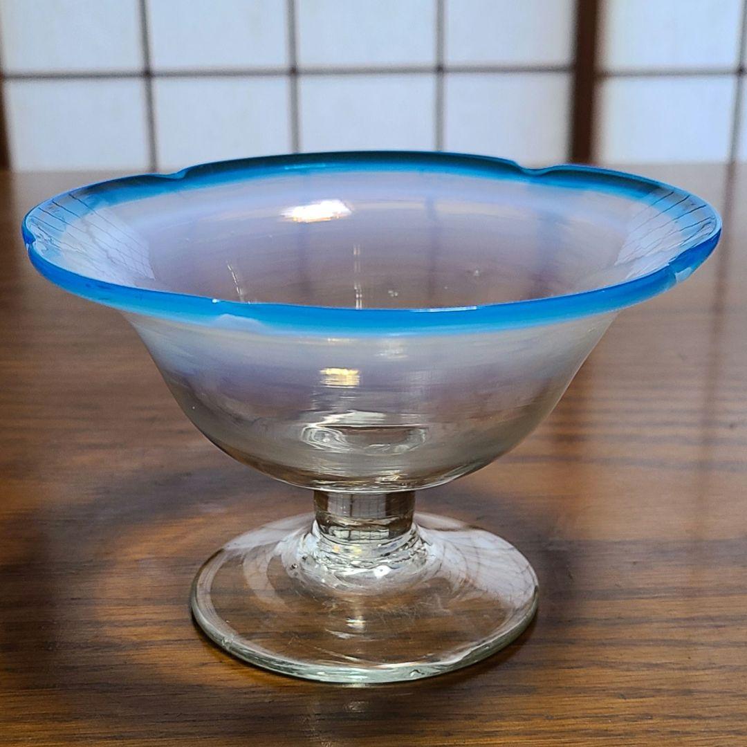 アンティーク　大正～昭和　乳白色　氷グラス　赤/青暈し　吹きガラス