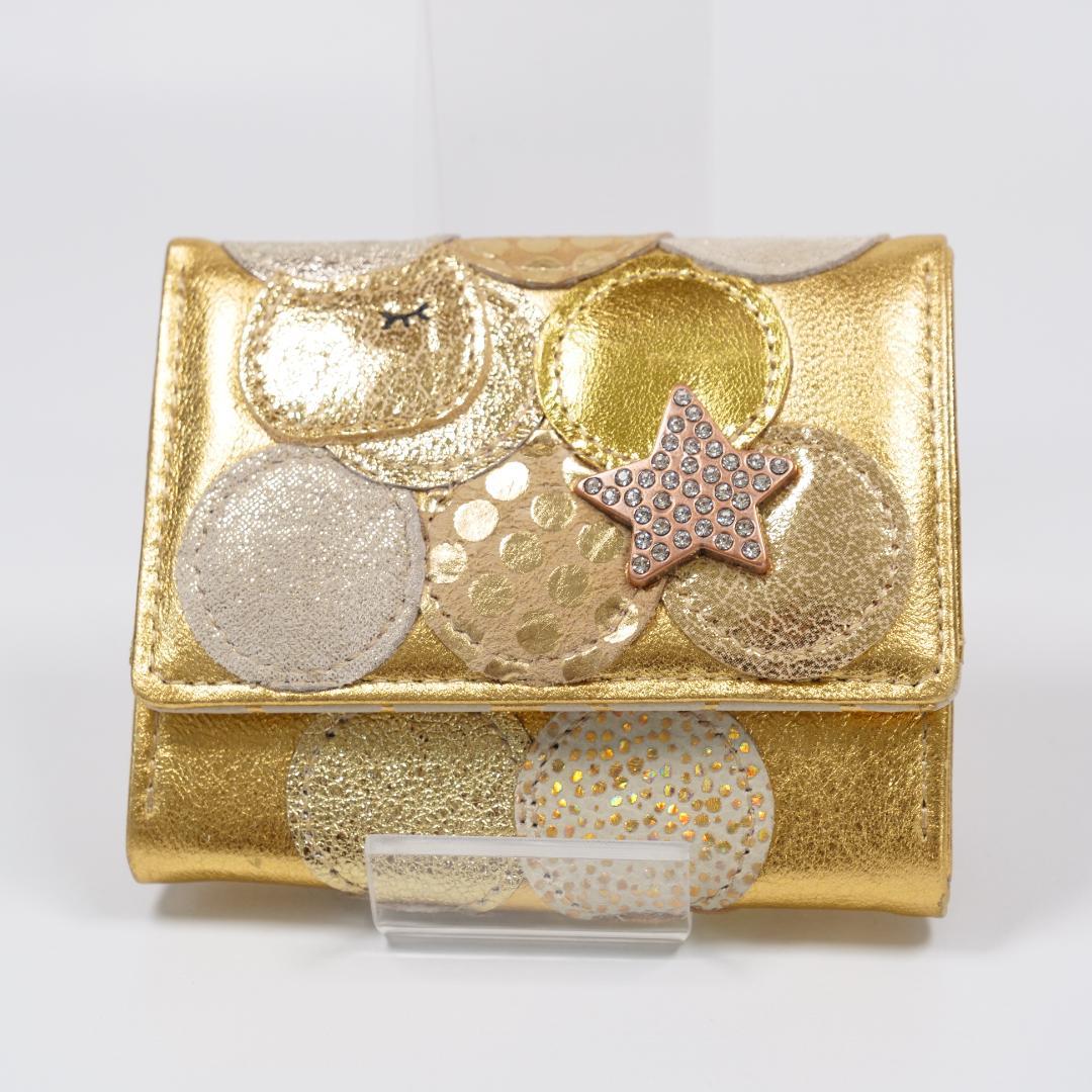 極美品✨ツモリチサトキャリー 三つ折り財布 ゴールド ドット 星 ネコ