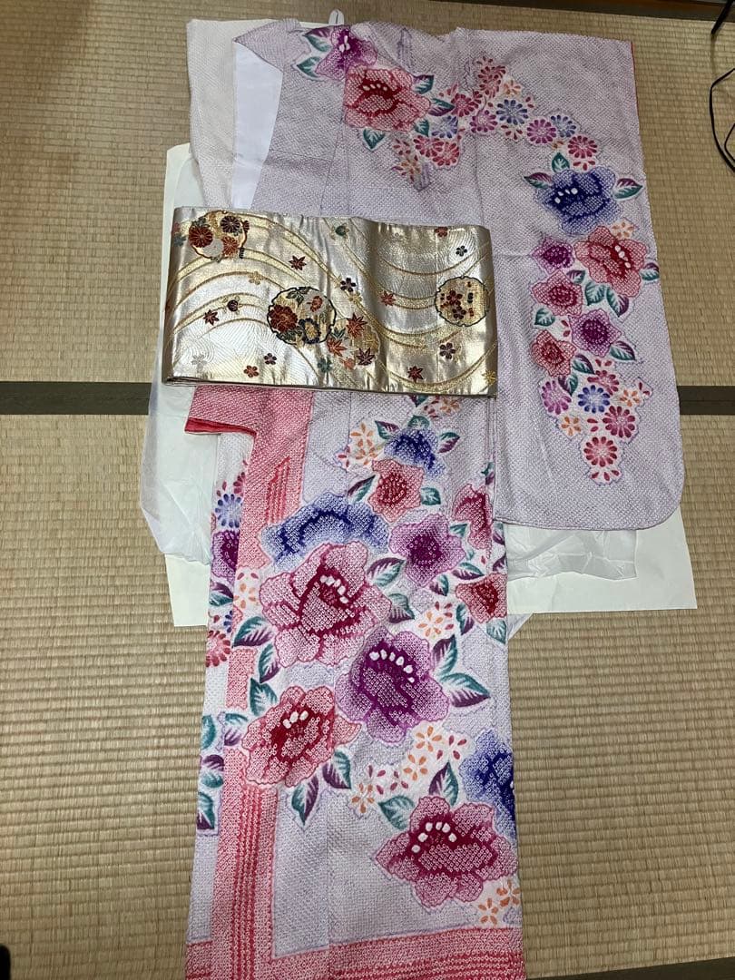 正絹　未使用品、総絞り振袖　　美品、袋帯