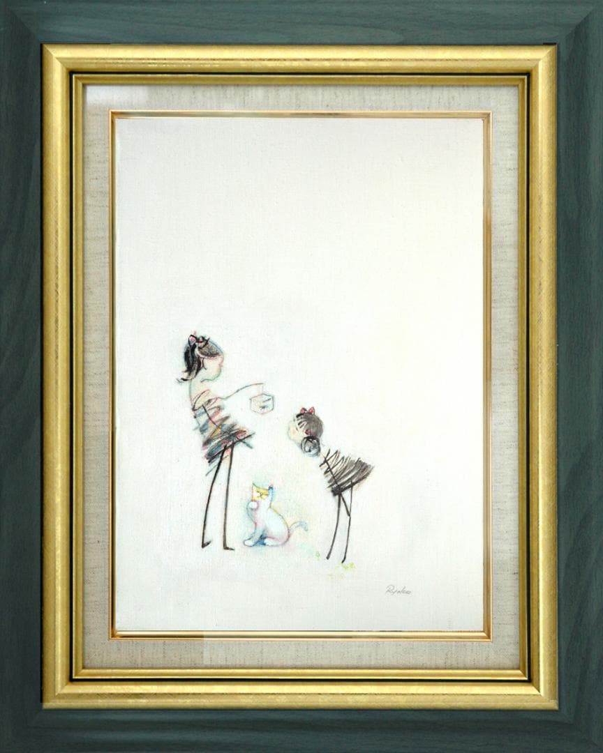 油絵 絵 絵画インテリア 額付(青緑＋金色の枠) F4-030819 猫女の子