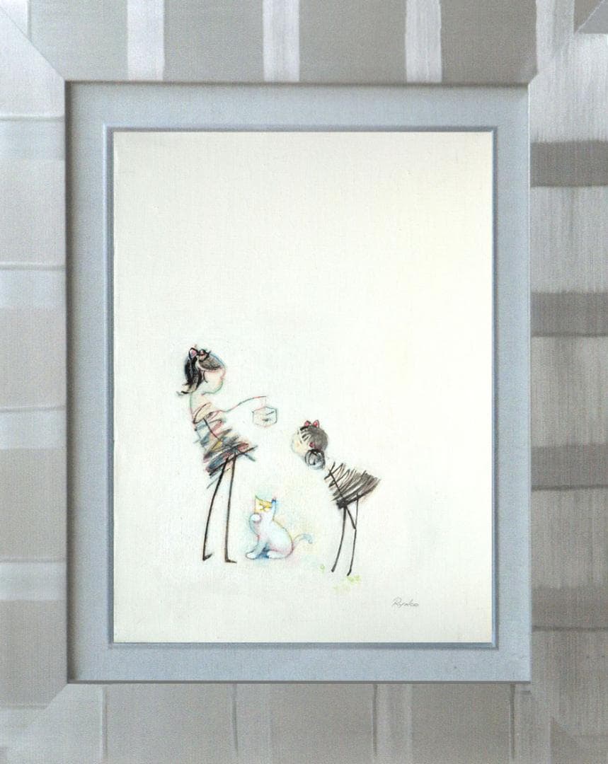 油絵 絵 絵画インテリア 額付(青緑＋金色の枠) F4-030819 猫女の子