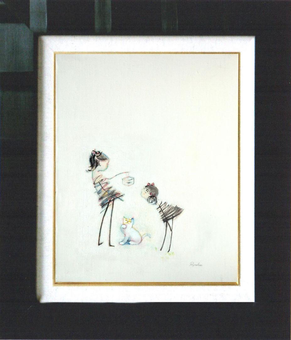 油絵 絵 絵画インテリア 額付(青緑＋金色の枠) F4-030819 猫女の子