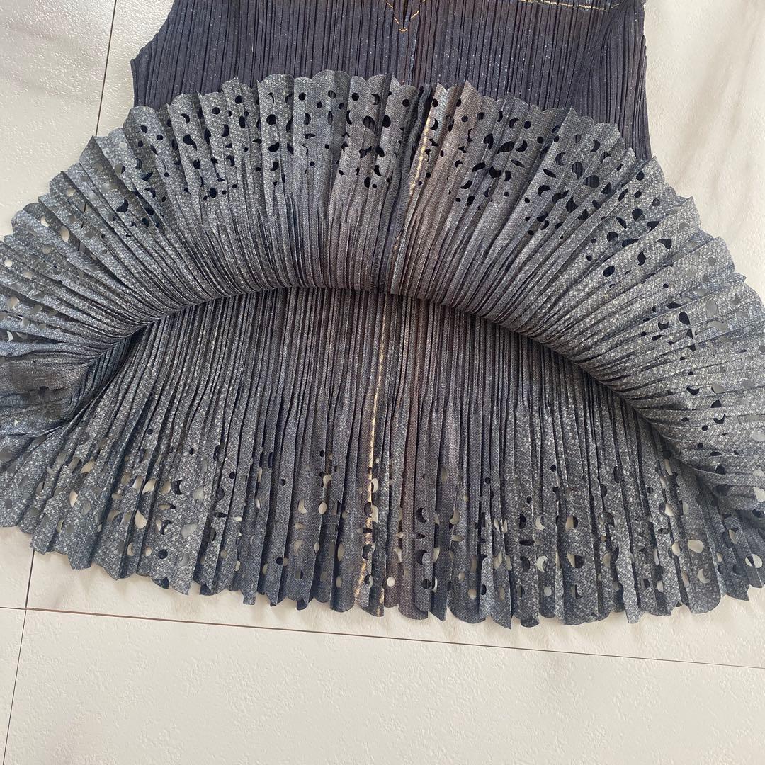 美品 希少 プリーツプリーズ イッセイミヤケ デニム 転写 ベスト ノースリーブ