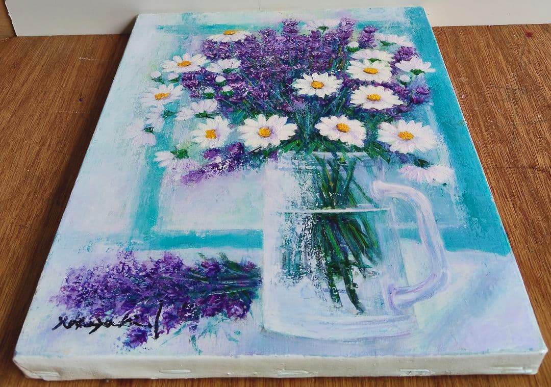 新作・油絵　窓辺のラベンダー　F3