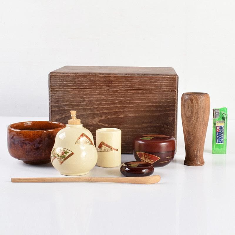 茶道具　桑茶箱　茶碗　振出など　九点　一式　仕覆付　V　R7633