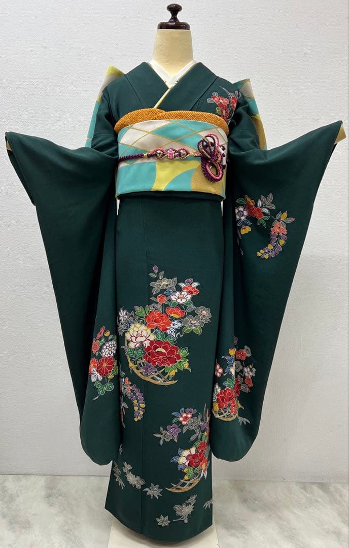 振り袖　フルセット　浜ちりめん　別誂長襦袢　深緑　個性的　友禅　成人式　717