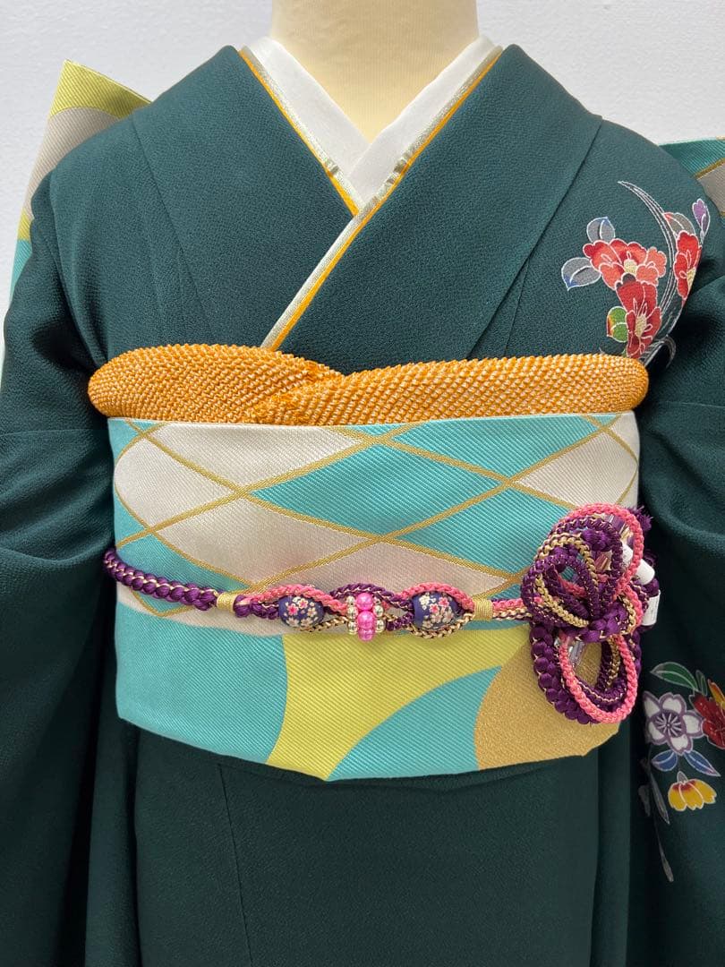 振り袖　フルセット　浜ちりめん　別誂長襦袢　深緑　個性的　友禅　成人式　717