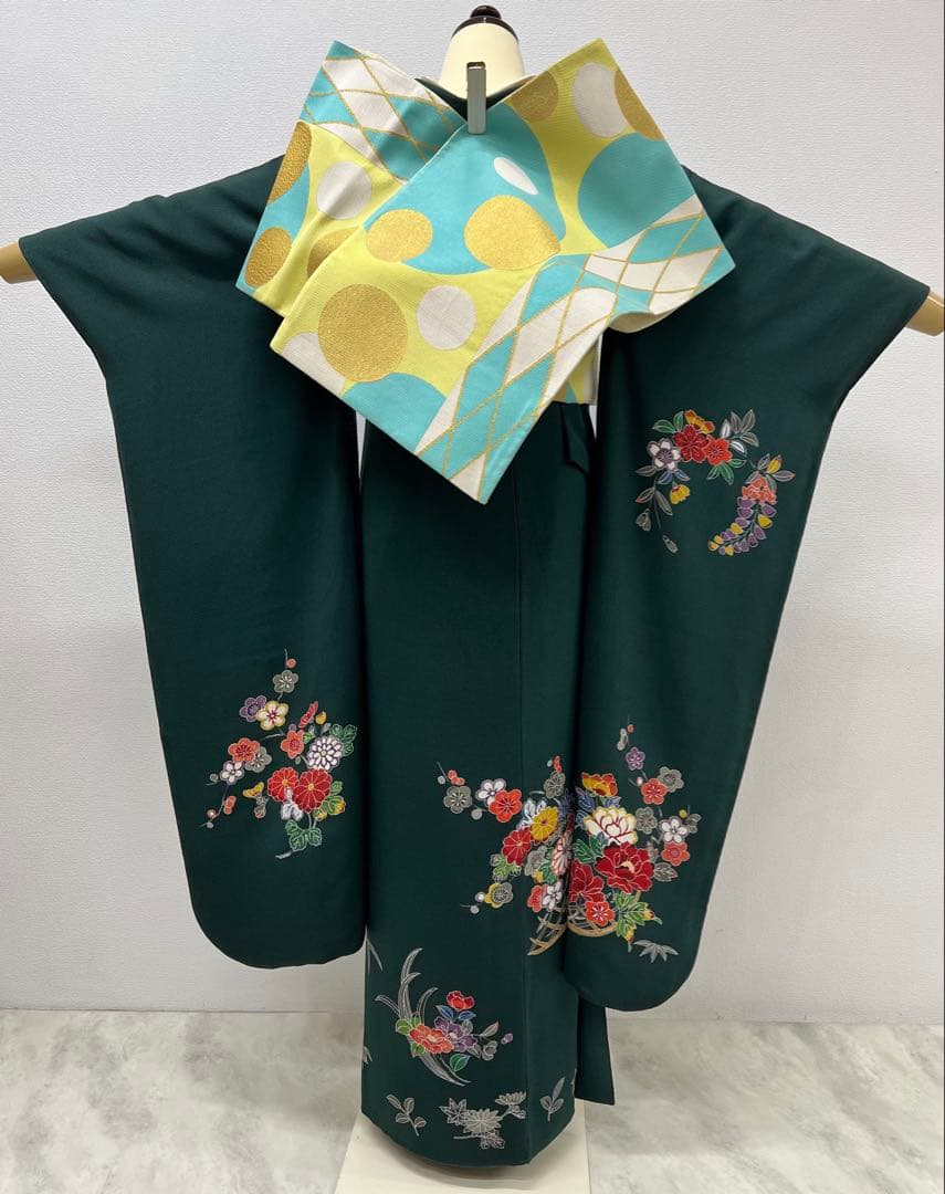 振り袖　フルセット　浜ちりめん　別誂長襦袢　深緑　個性的　友禅　成人式　717