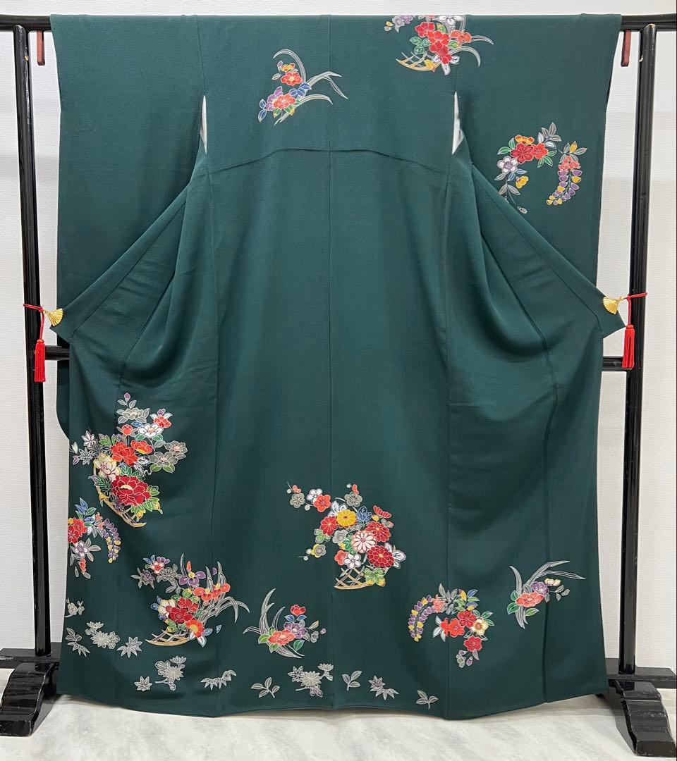 振り袖　フルセット　浜ちりめん　別誂長襦袢　深緑　個性的　友禅　成人式　717