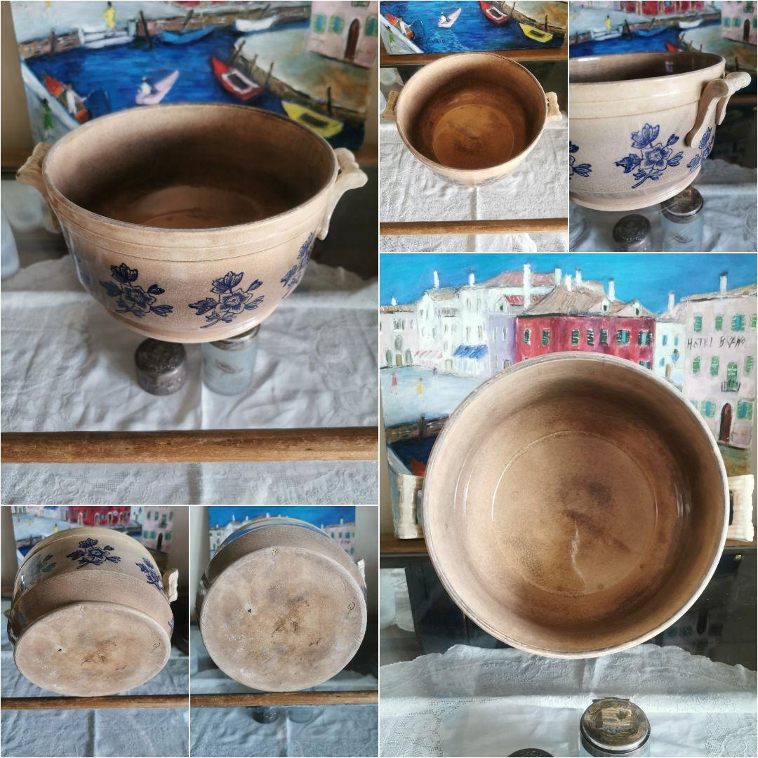 アンティークフランス ハンドル付きディープボウル インディゴ花柄深皿 美しい貫入