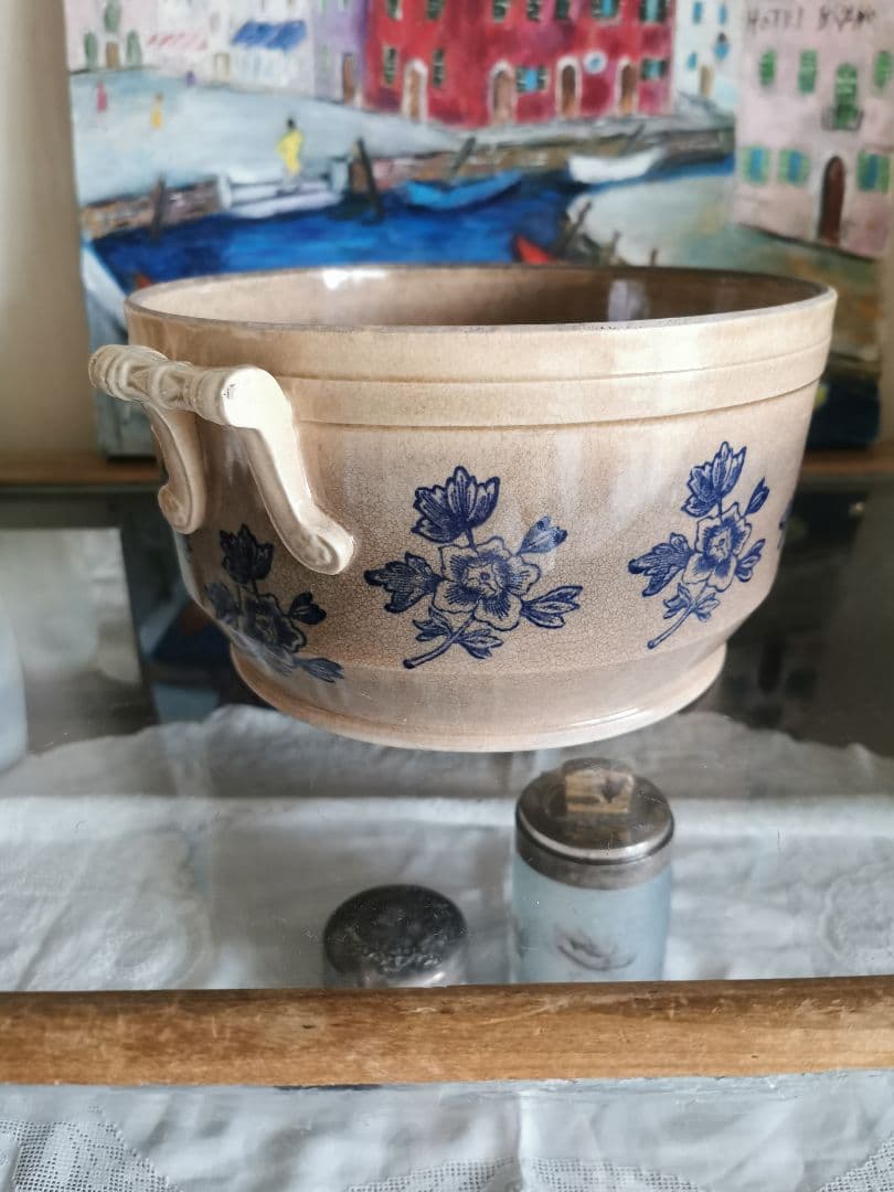 アンティークフランス ハンドル付きディープボウル インディゴ花柄深皿 美しい貫入