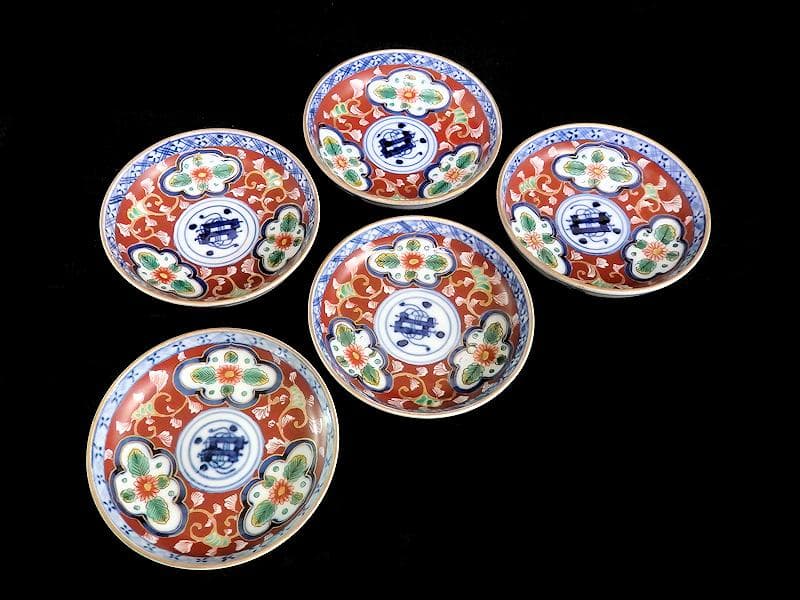 大聖寺伊万里　色絵　窓絵　菊に唐草の図　４寸皿　５客　A136A-CBe