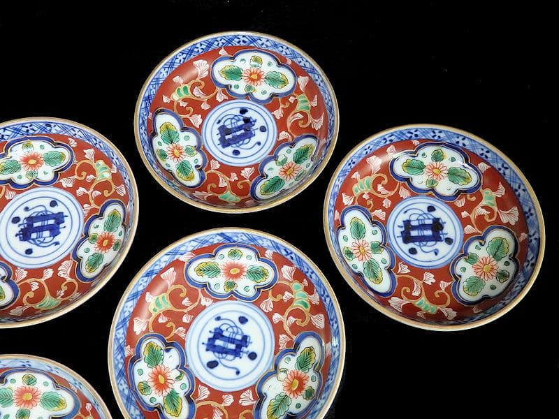 大聖寺伊万里　色絵　窓絵　菊に唐草の図　４寸皿　５客　A136A-CBe