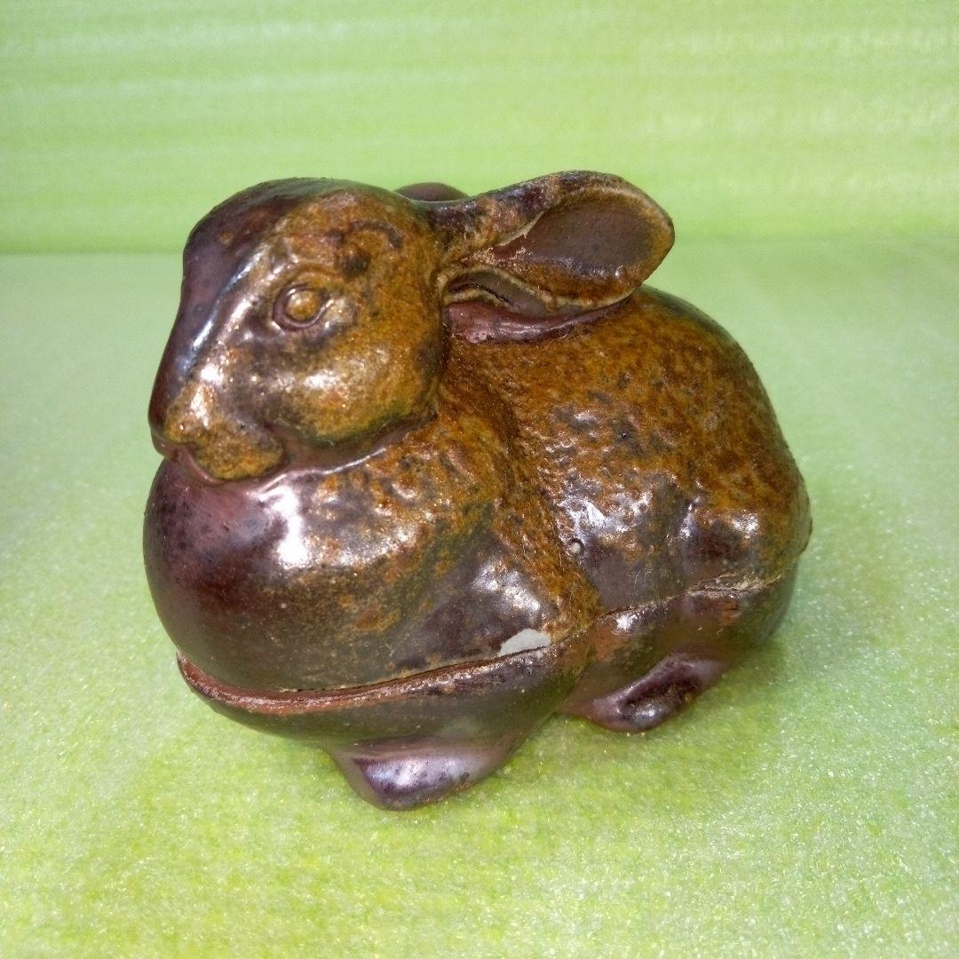 ウサギ型香合　アンティーク　レトロ　茶色　うさぎ　ラビット　リアル　陶器製？