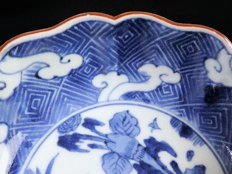 古伊万里　染付　雷紋に雲　花鳥紋の図　膾皿　２客　江戸期　E411AS-CEz