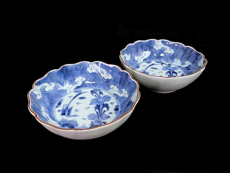 古伊万里　染付　雷紋に雲　花鳥紋の図　膾皿　２客　江戸期　E411AS-CEz