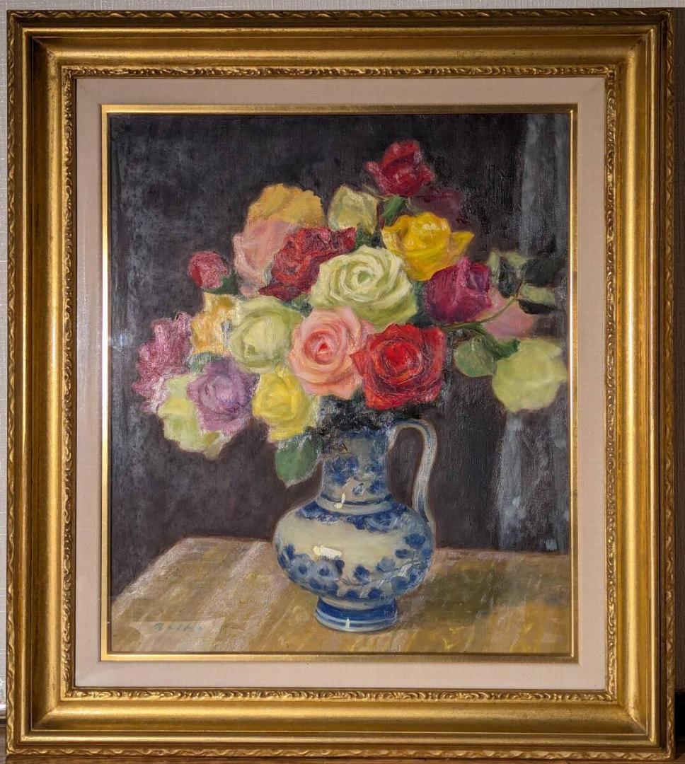 【真作】絵画　長生玲子　油彩10号　花瓶のバラ　彩り豊か　箱・黄袋入　Y150