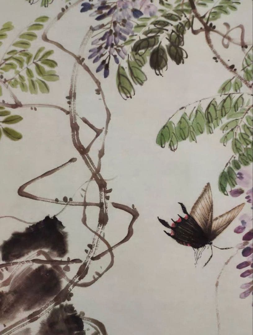 【中国美術】斉白石《化蝶》中堂掛軸｜宣紙｜花鳥画名作｜縁起・長寿｜床の間・和室