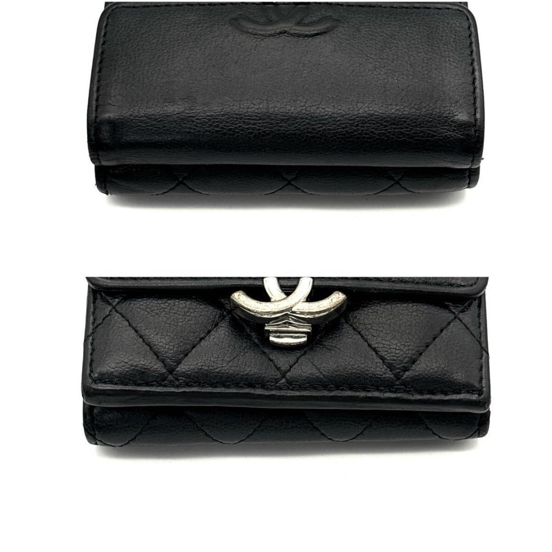 極美品◆CHANEL 三つ折り財布 キャビアスキン プッシュロック 黒 31番台