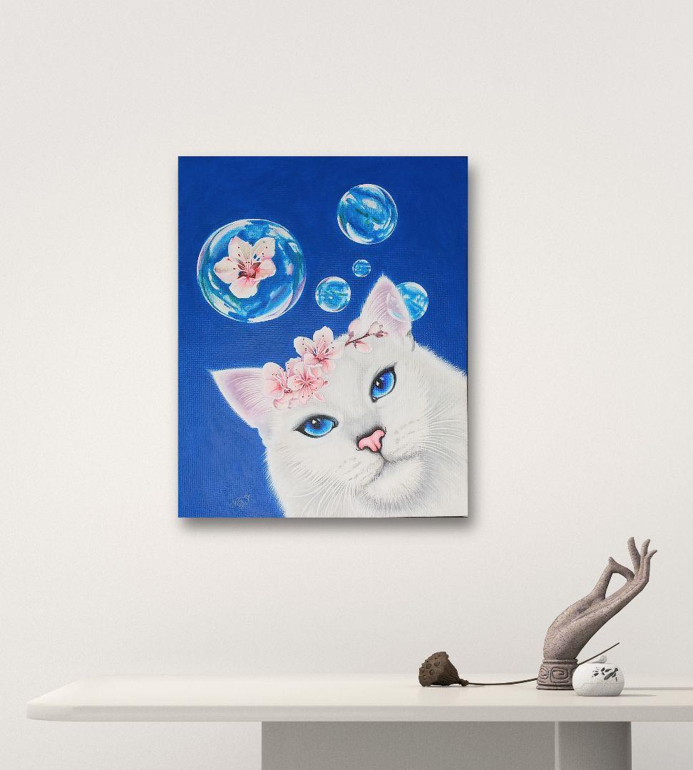 青い空さくら猫(キャンバス&アクリル絵の具)