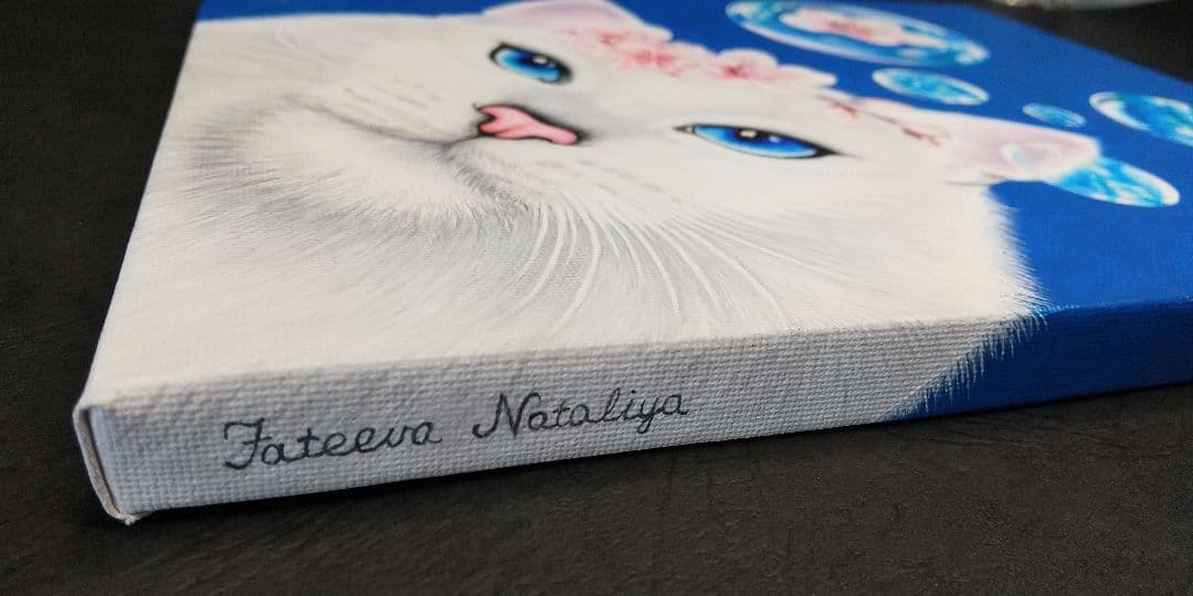 青い空さくら猫(キャンバス&アクリル絵の具)