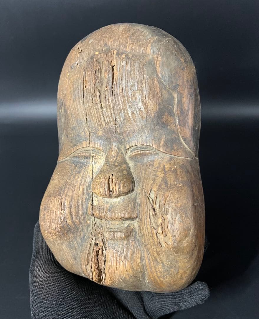 江戸時代 木彫 おかめ（阿亀）面 一木彫 民間信仰彫刻 古民藝美術品◎古美術庵々
