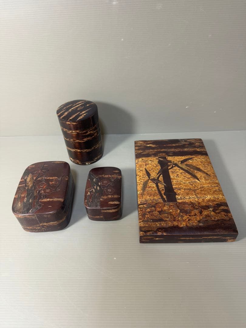 2354 桜皮細工　樺細工　蓋型小物入れ3客　茶入1客
