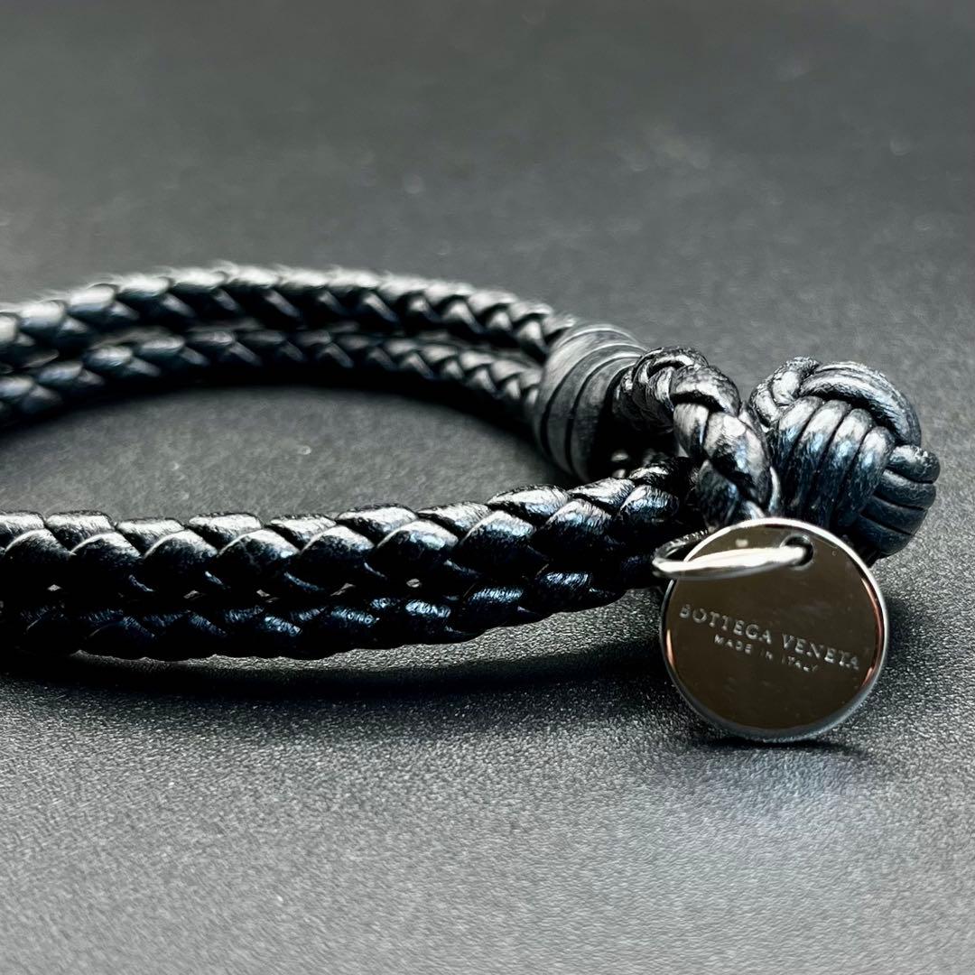 【美品】 ボッテガヴェネタ 2連 編み込み レザーブレスレット 黒 19cm