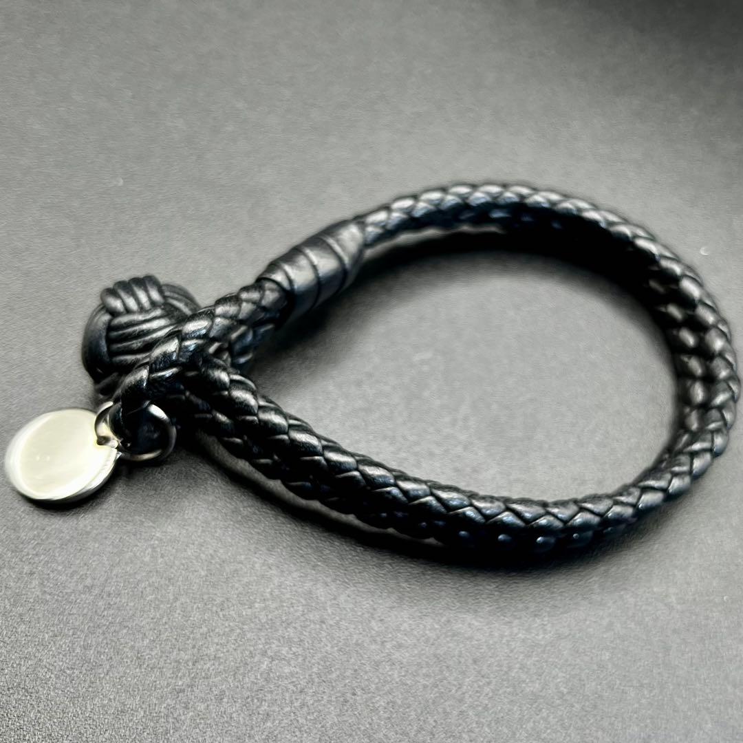 【美品】 ボッテガヴェネタ 2連 編み込み レザーブレスレット 黒 19cm