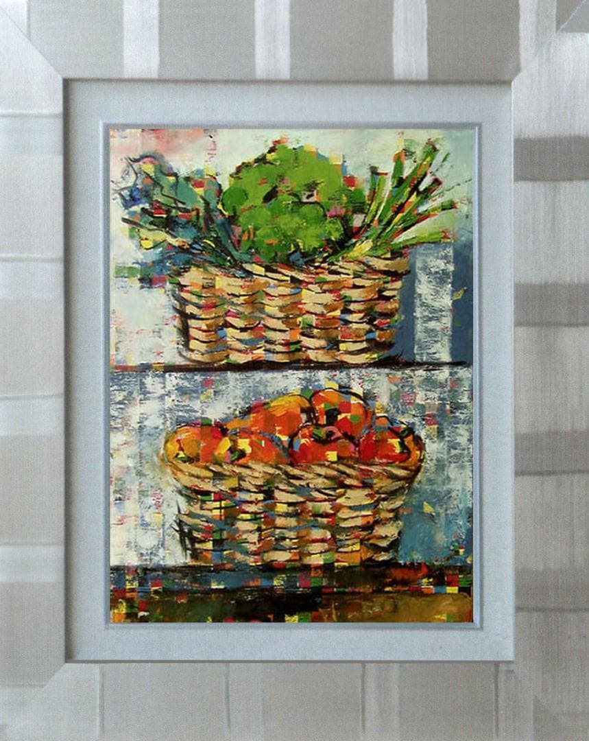 油絵菅家令子絵 絵画インテリア額付(青緑＋金色の枠)uF6-060903静物野菜