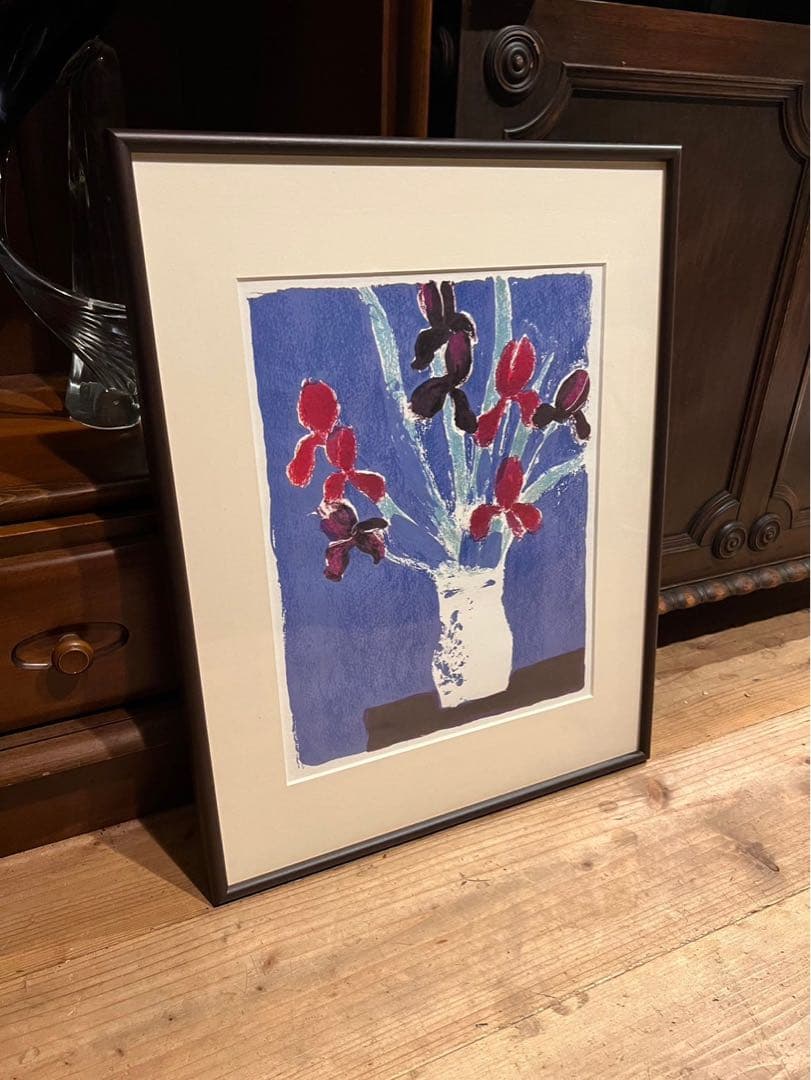 ベルナール カトラン 青い背景のアイリスの花束 2枚 セット 額縁 アート