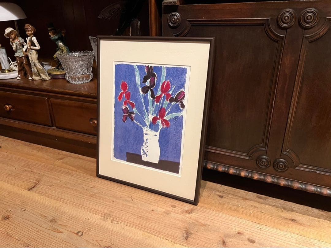 ベルナール カトラン 青い背景のアイリスの花束 2枚 セット 額縁 アート