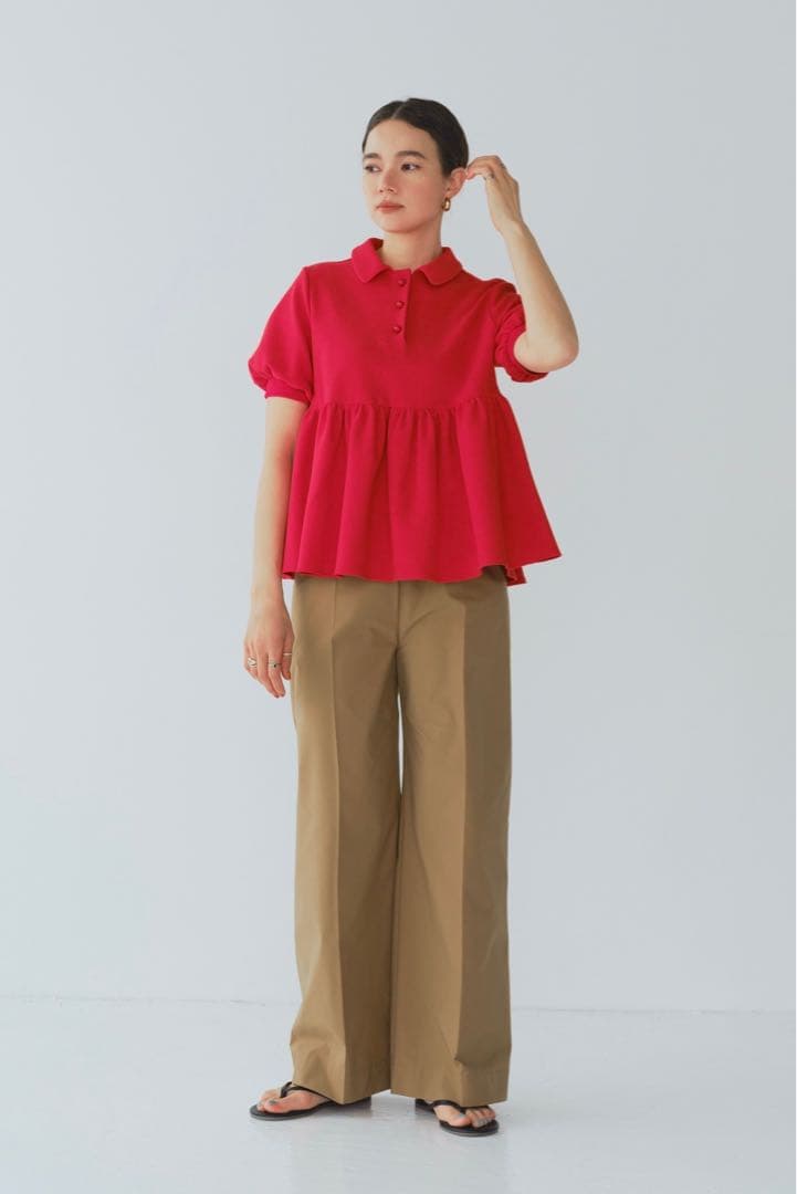 【試着のみ】 yori オーガニックコットンパイルポロカットソー 36 レッド