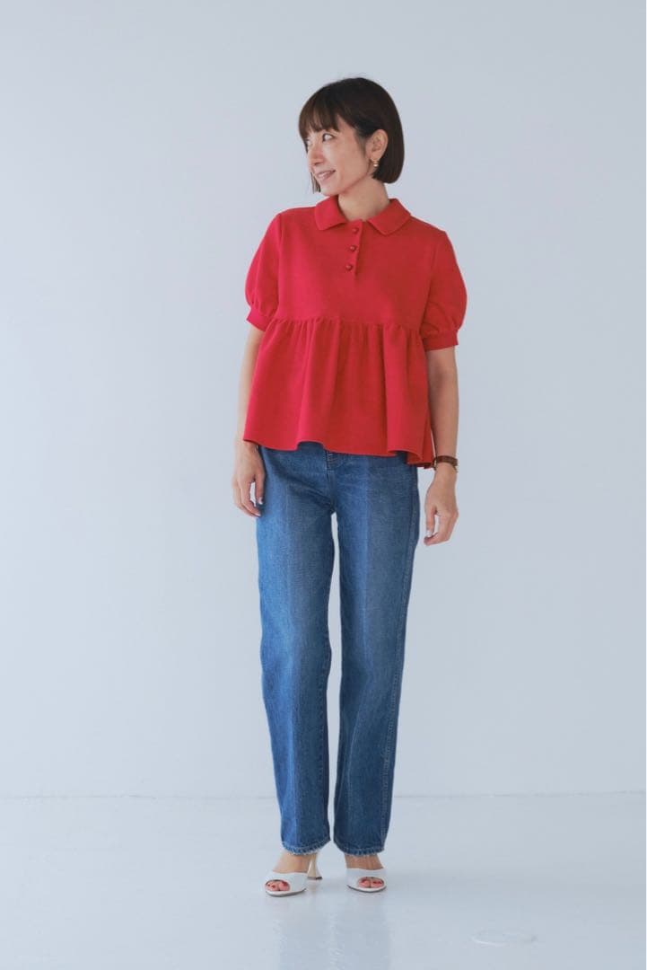 【試着のみ】 yori オーガニックコットンパイルポロカットソー 36 レッド