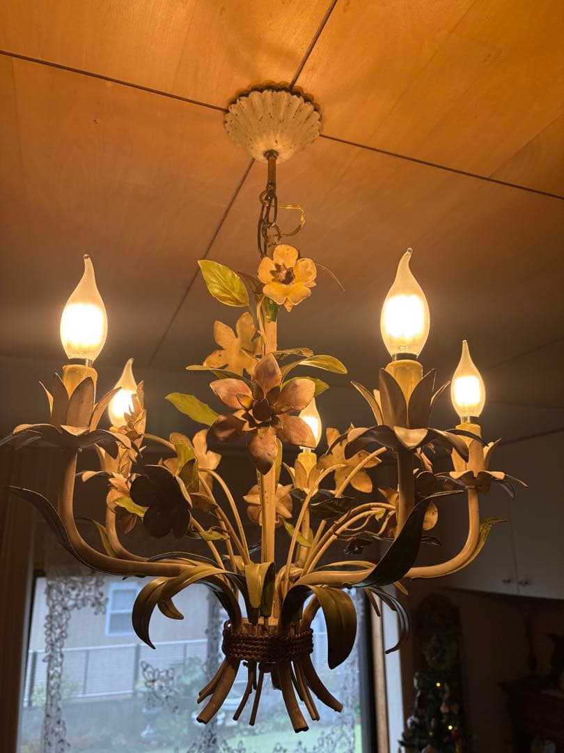 フランス　アンティーク　アイアン　フラワーモチーフ 5灯シャンデリア