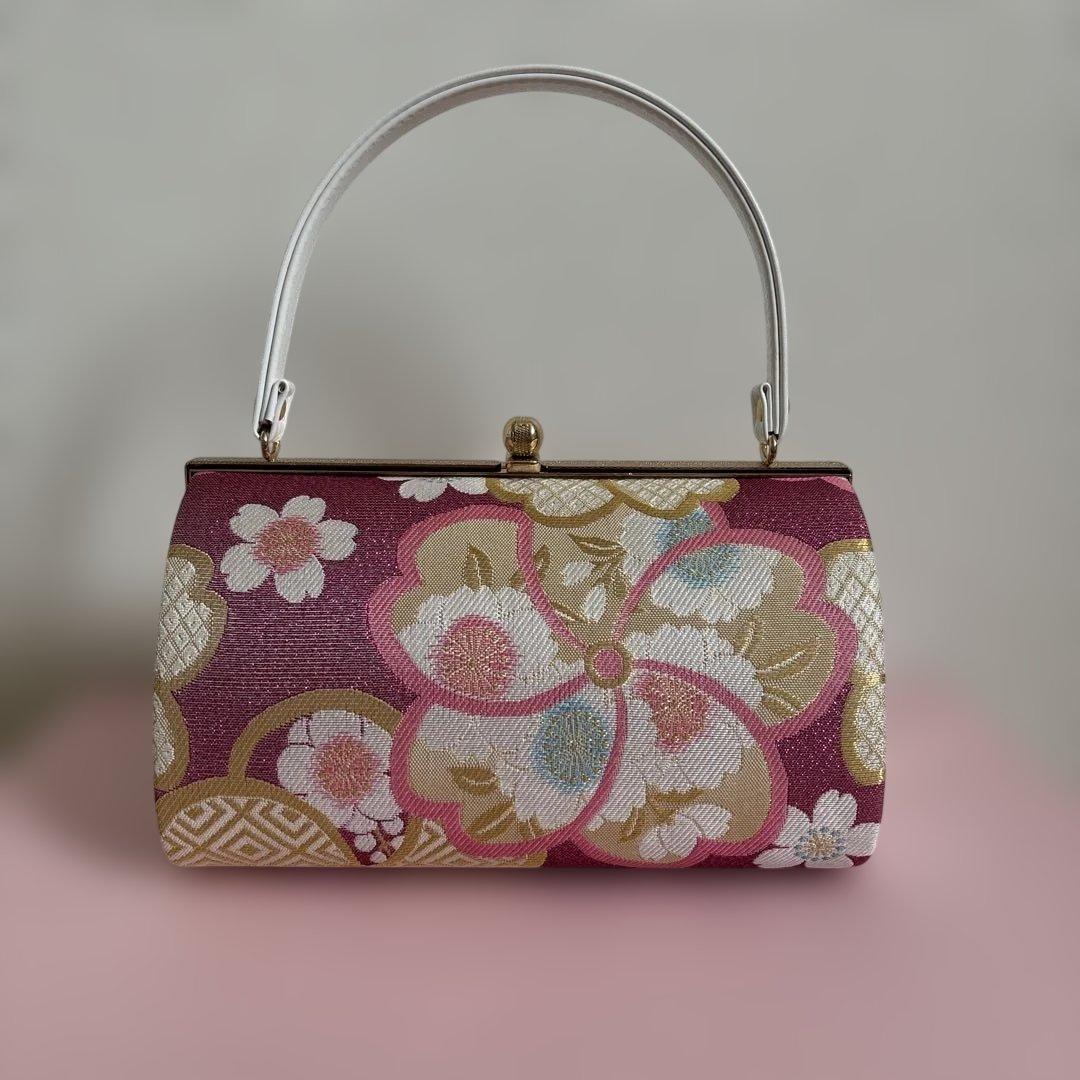 ピンクの花柄と金系の和装用バッグと草履セット 成人式 卒業式 着物
