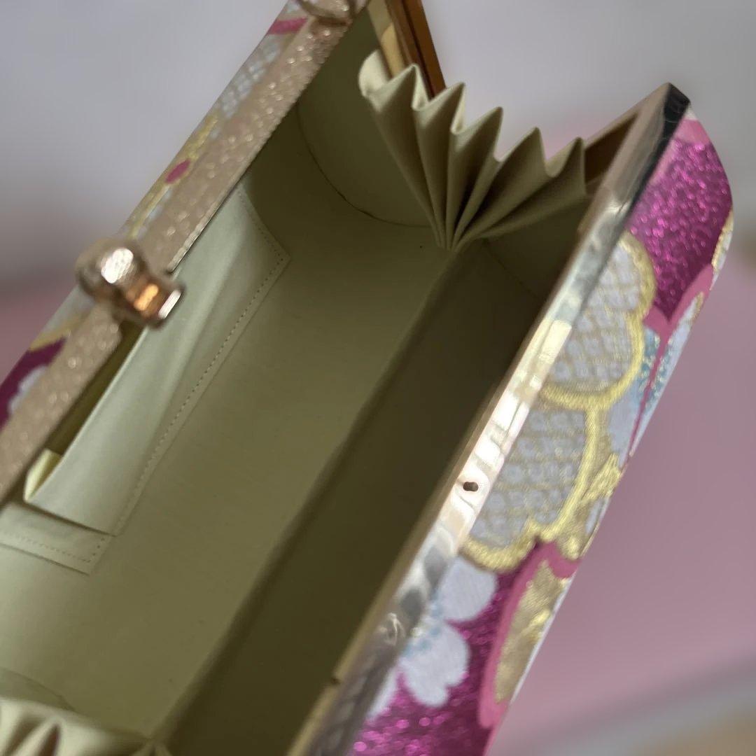 ピンクの花柄と金系の和装用バッグと草履セット 成人式 卒業式 着物