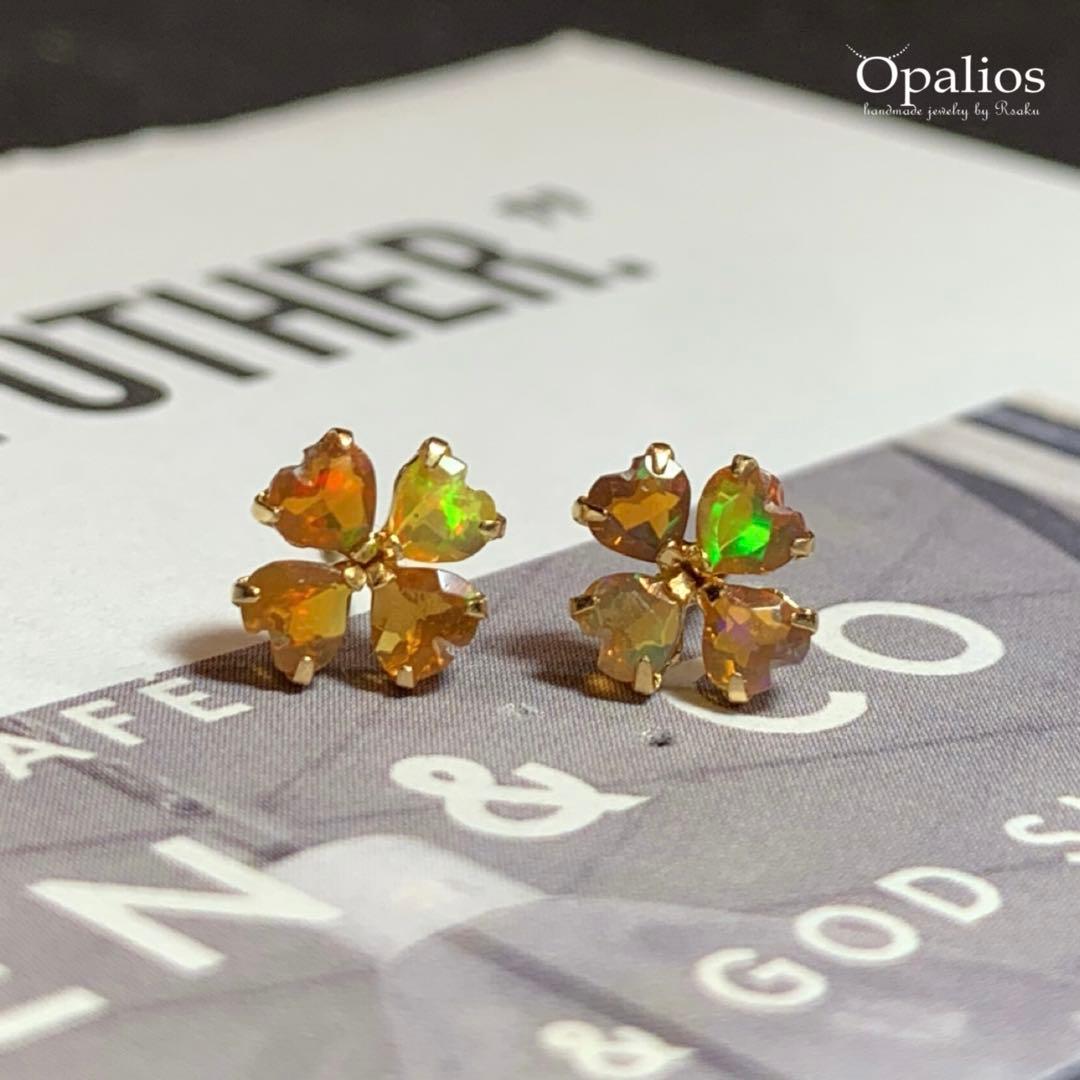 宝石質ハートシェイプカットブラウンプレシャスオパールK18スタッドピアス