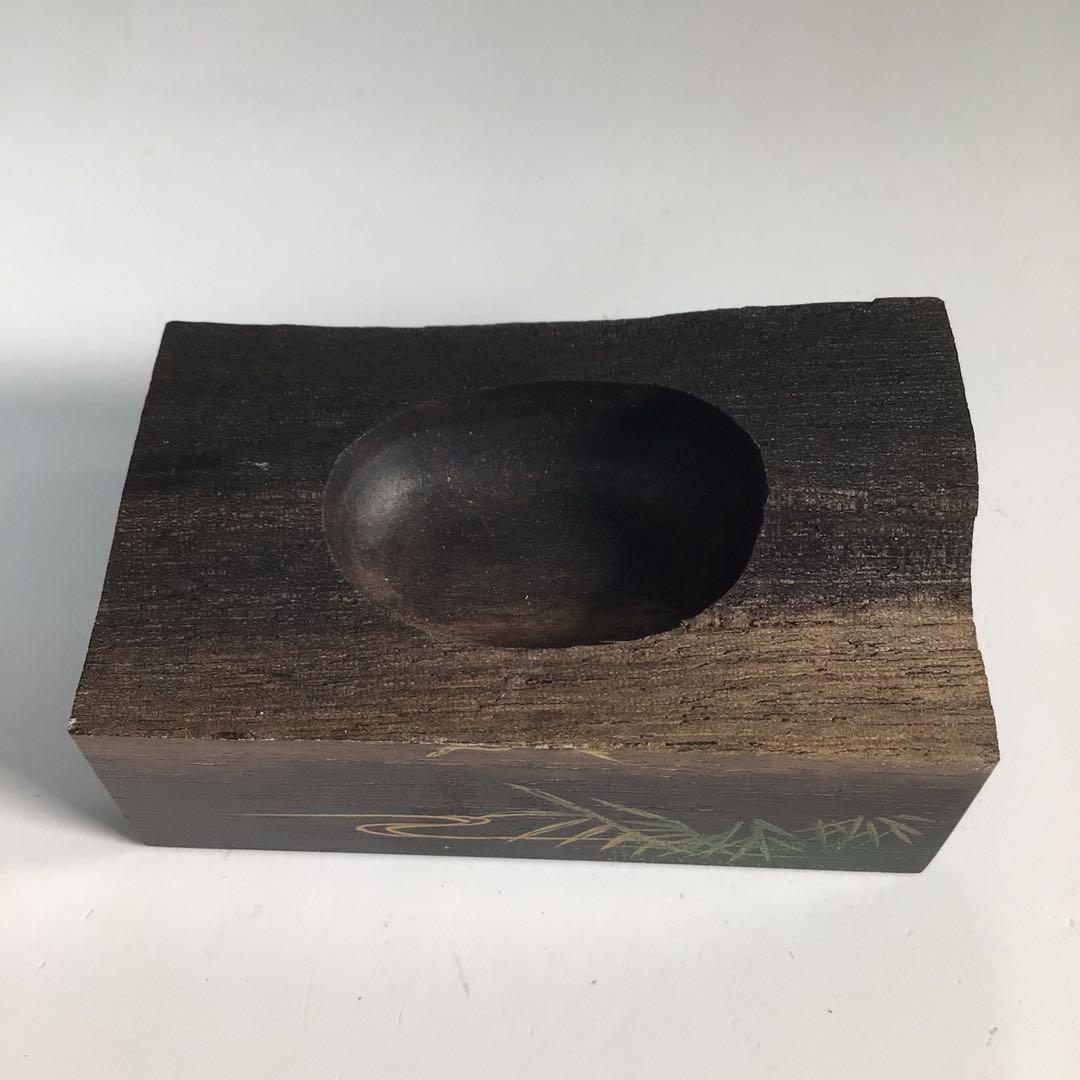 Ｎ７２９　香合　『中林星山作』『芦に雁蒔絵』『黒柿割香合』　共箱　茶道具