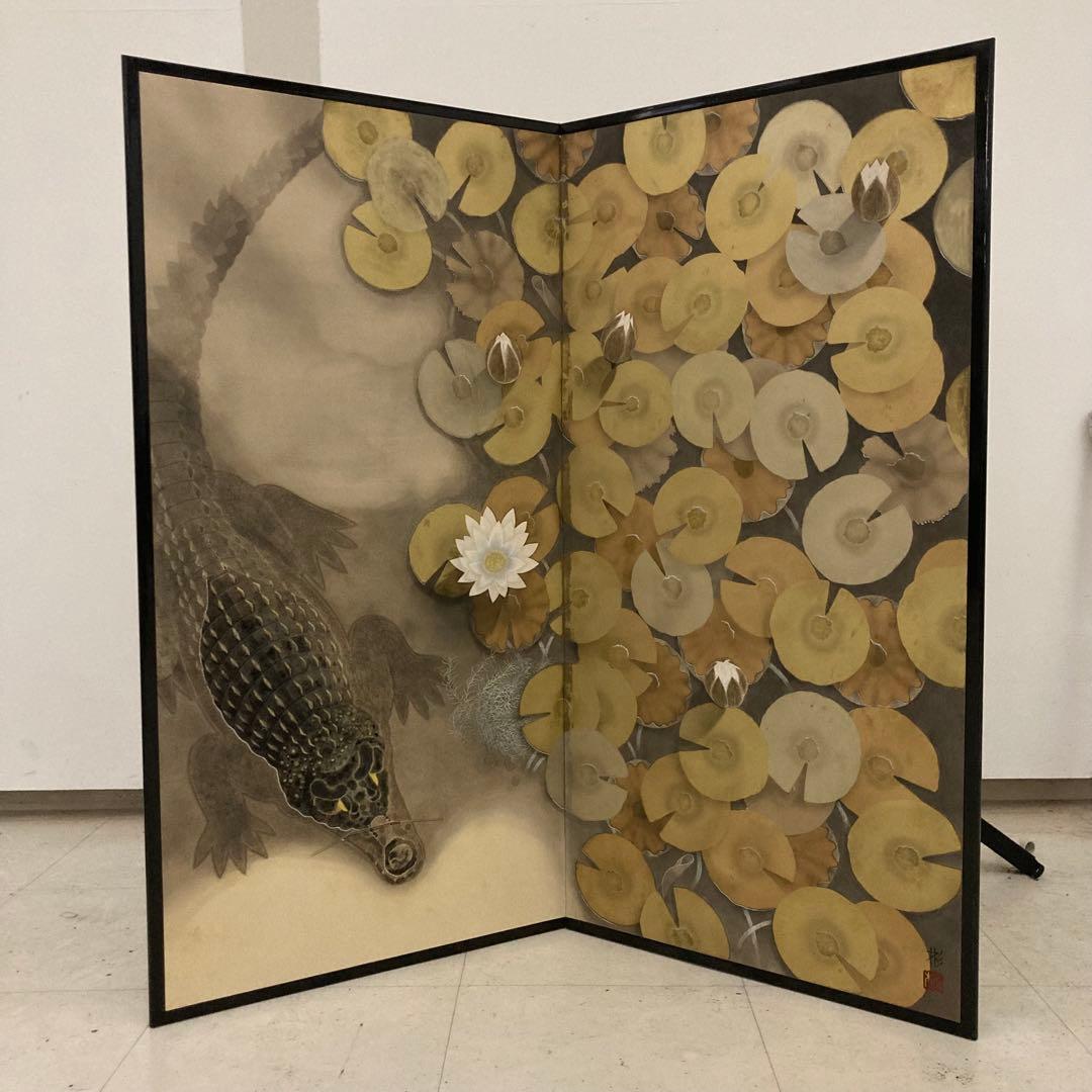 ワニと睡蓮の屏風 140 x 70cm