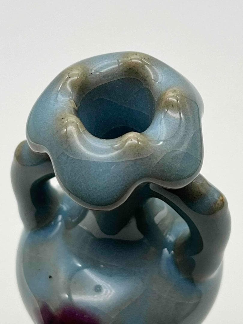 元時代 鈞窯 澱青釉紫斑花瓶型高台香炉 窯変釉　辰砂　名品珍品(D-47)